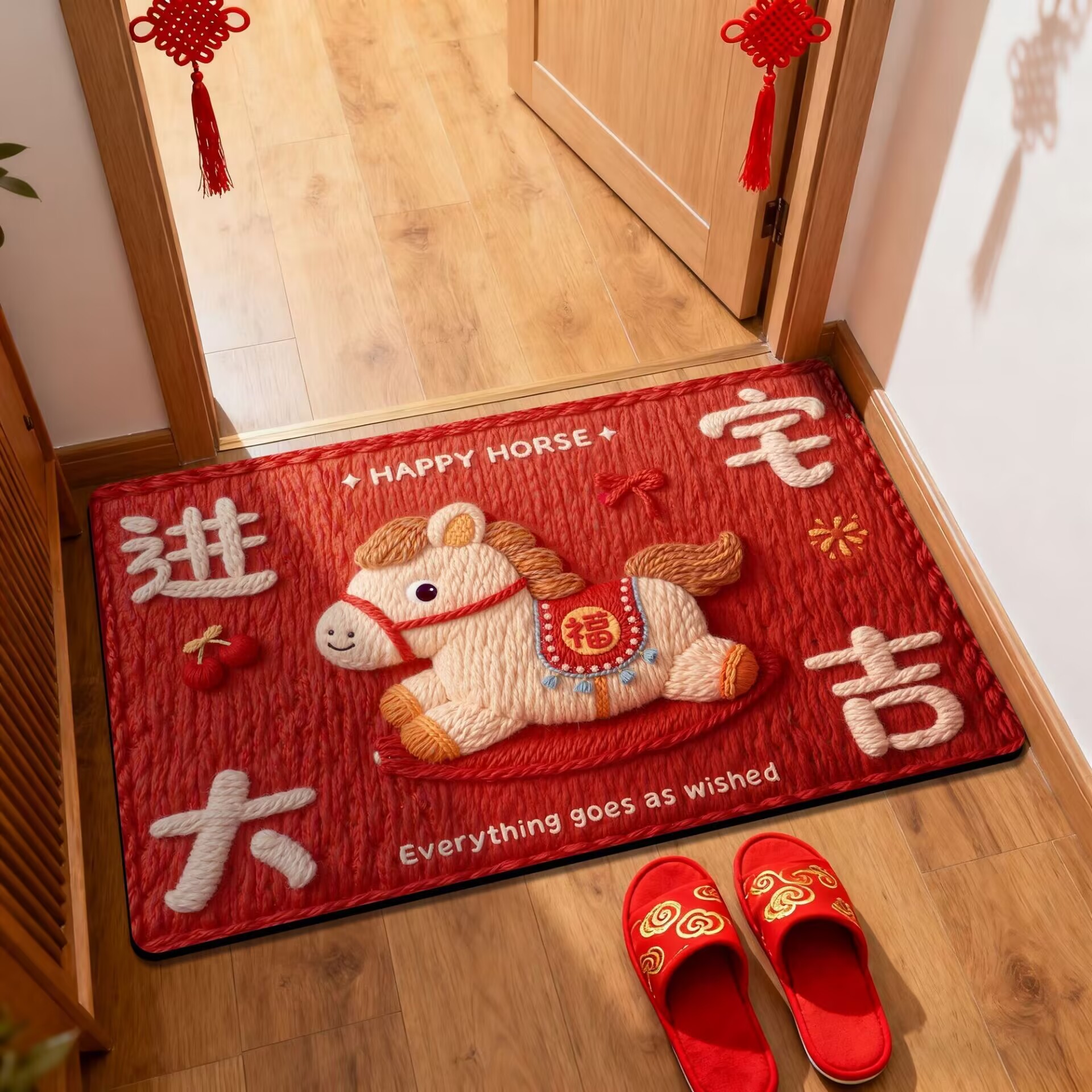 可爱小马新款红色喜庆硅藻泥入户门地垫新年玄关地毯防滑脚垫