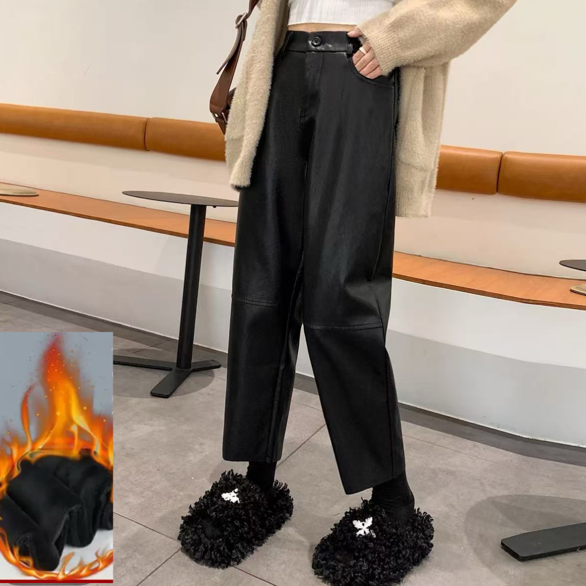 2305#(裤长85)高腰小直筒PU皮裤女新款直筒休闲裤