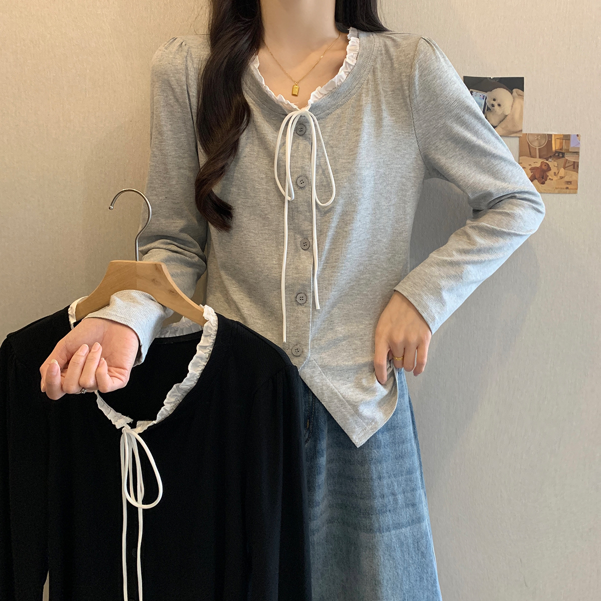 清2025春装新款胖mm大码女装木耳边蝴蝶结上衣法式百搭衬衣63987