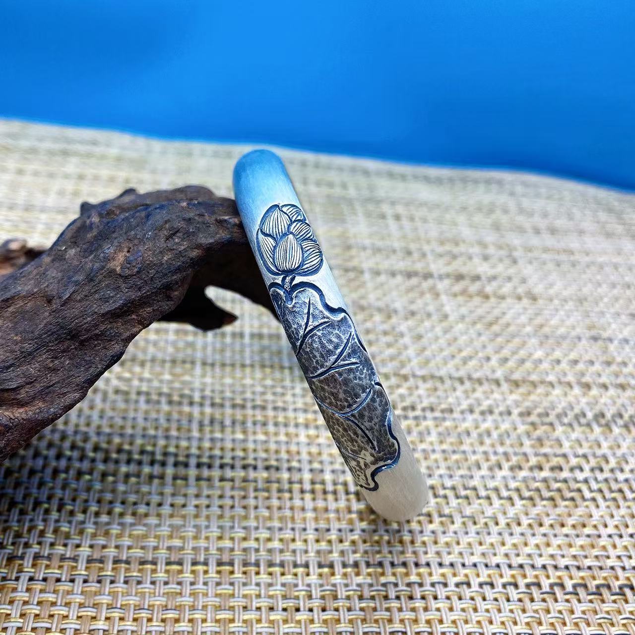 足银手镯 足银999荷叶荷花手镯