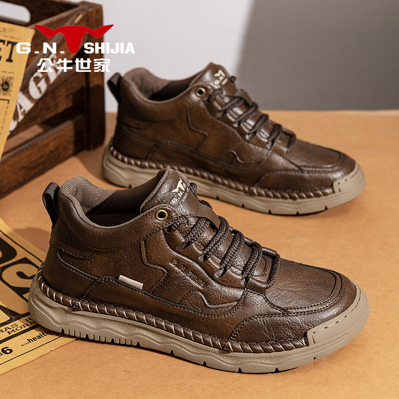 公牛世家冬季男士高帮休闲皮鞋加绒户外男鞋时尚手工软底软面鞋子