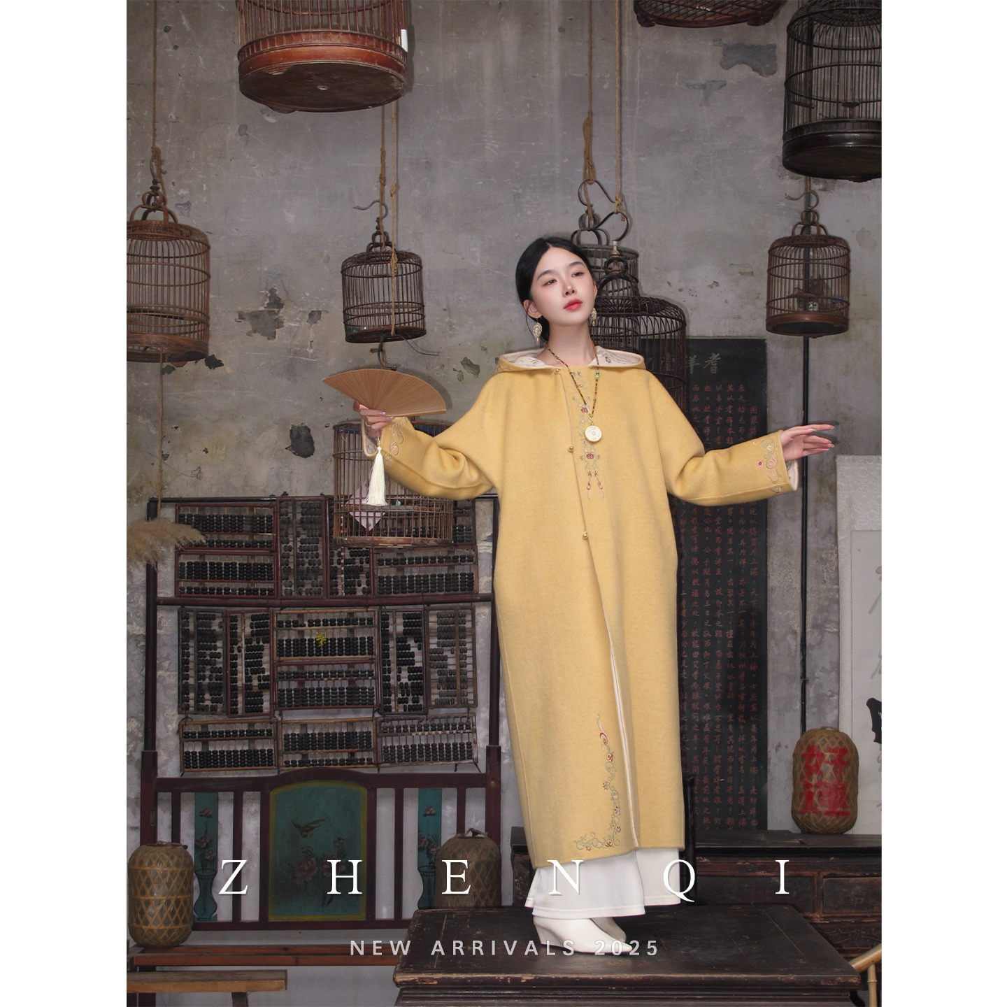 七小七臻七【疏云观林】中式刺绣100绵羊毛正反两穿宽松连帽长大衣