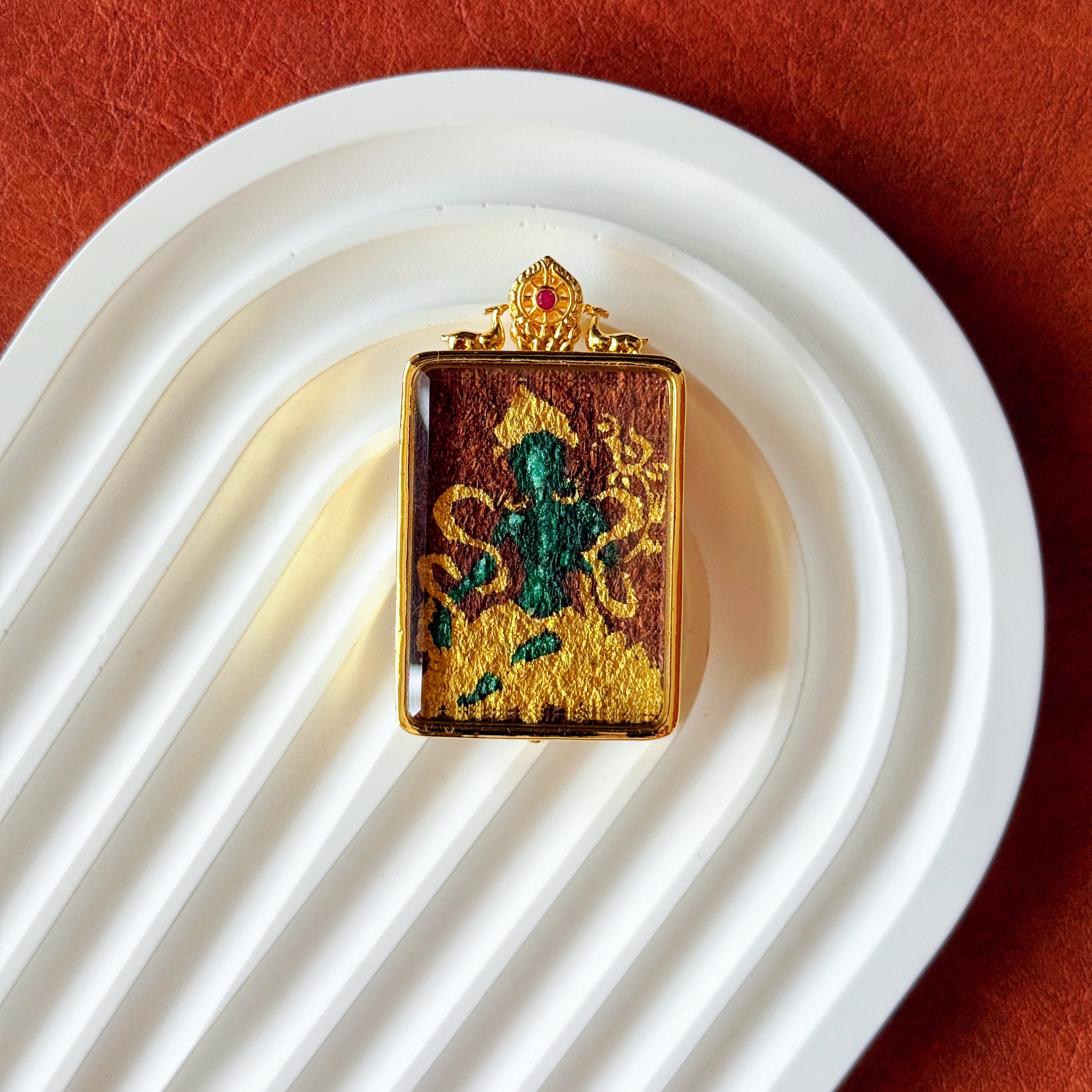 绿度母莲师双面手绘唐卡药擦擦铜壳