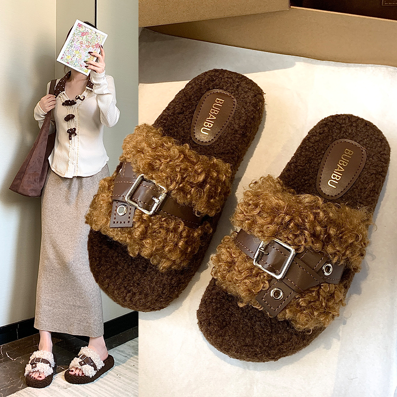 2025秋冬新款8826-3皮革边扣带居家棉拖鞋外穿毛毛拖