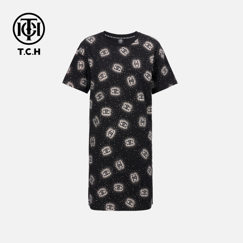 TCH轻奢烫钻工艺时尚高级感黑色长款连衣裙女T75A30E1010私服tch