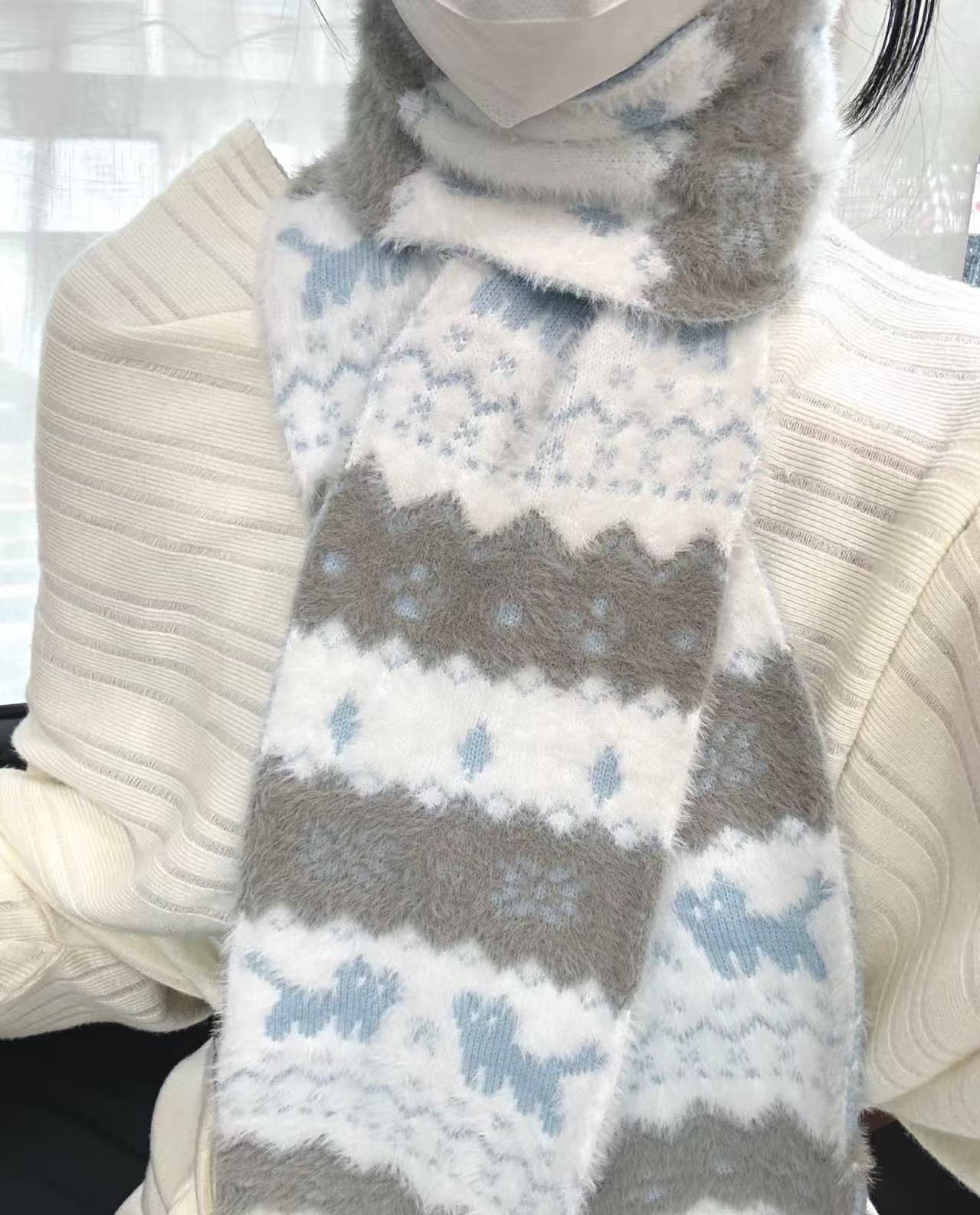 2025新款费尔岛猫咪提花针织围巾女秋冬季复古氛围感保暖百搭围脖