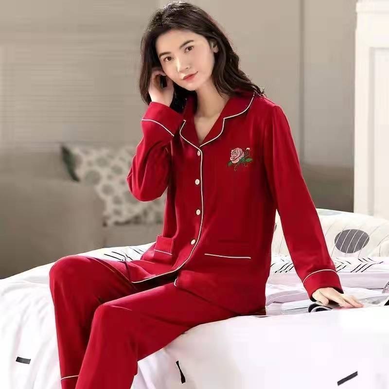女士春秋季长袖纯棉开衫红色喜庆本命年家居服套装