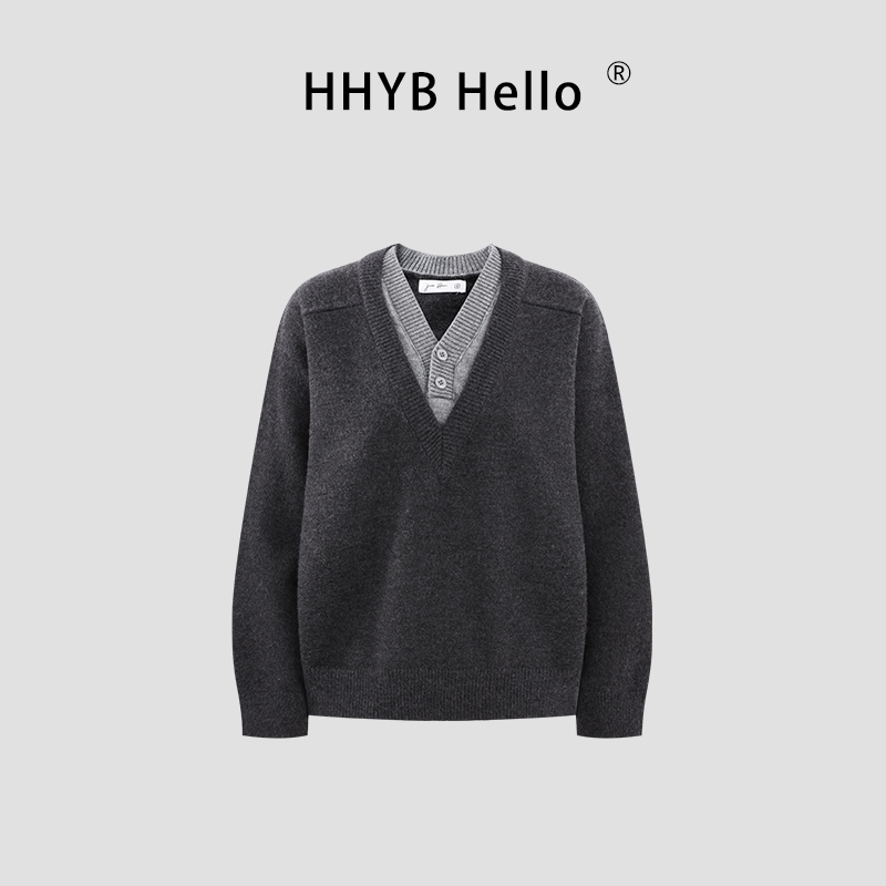 HHYB Hello假两件拼接v领毛衣慵懒高级感polo针织打底衫女M1655