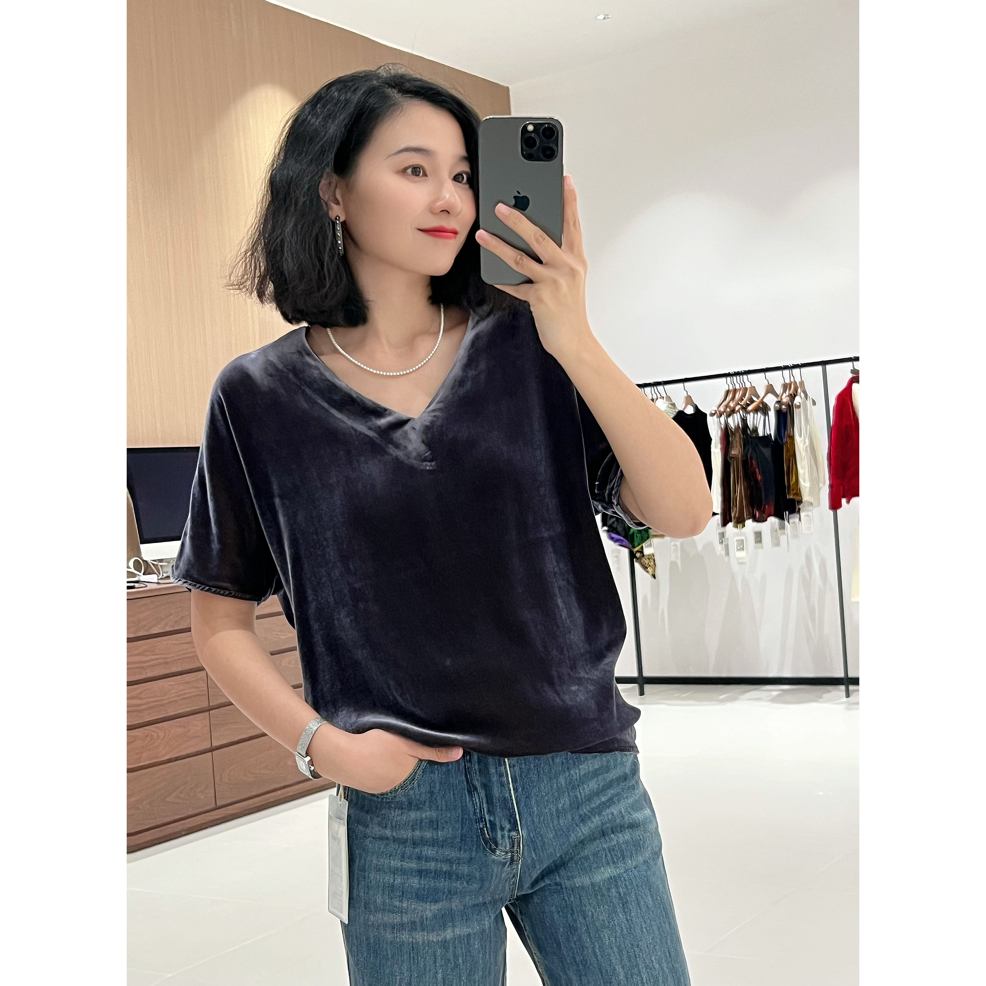 【10634】樱美嘉桑蚕丝烟雨蒙蒙桑蚕丝丝绒短袖T恤休闲大码T恤