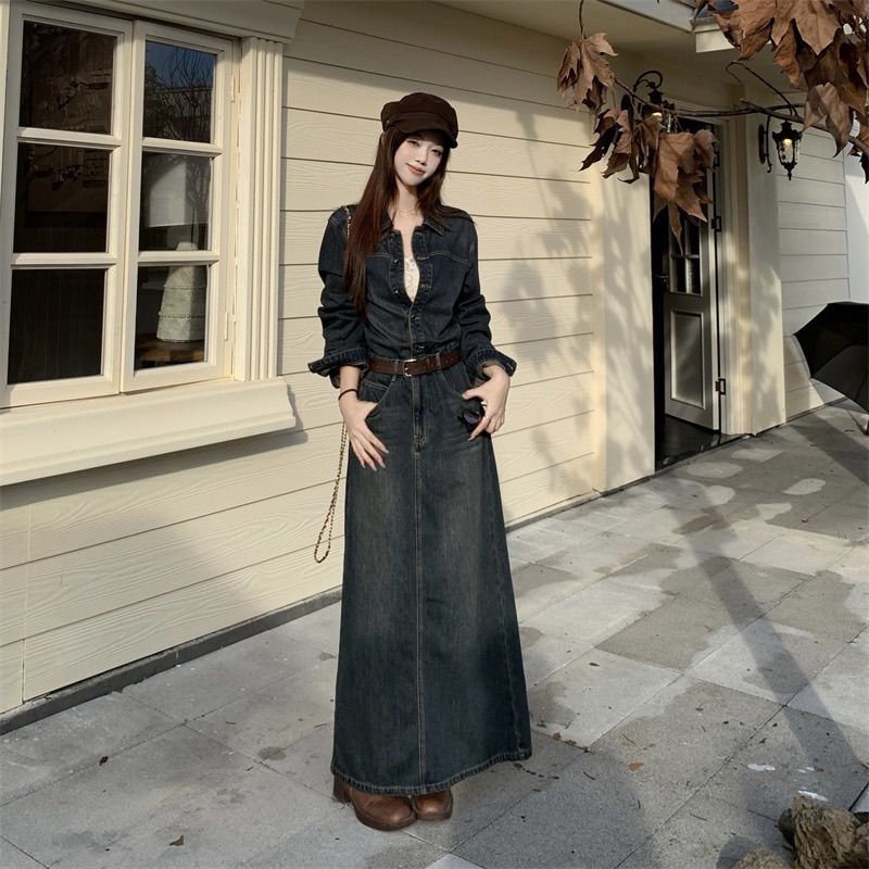 高个子大码复古牛仔连衣裙新款设计感小众长袖牛仔连体裙