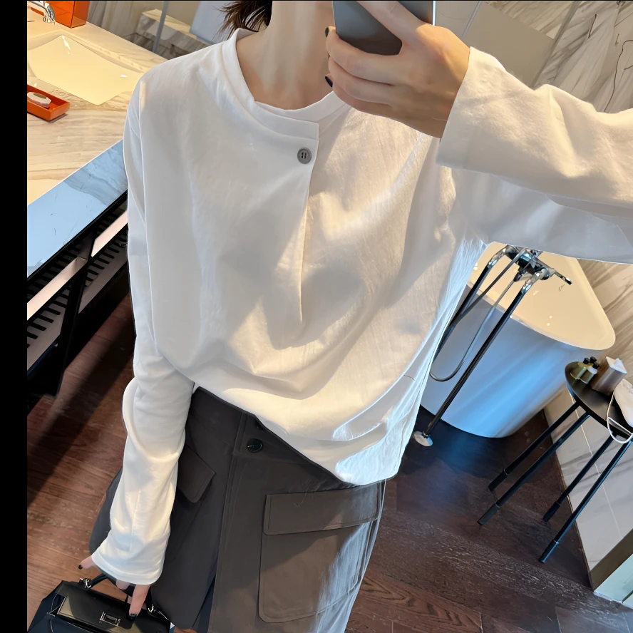 芯娇晴欧货春秋季内搭外穿必买一颗扣韩系白色长袖加绒t恤打底衫