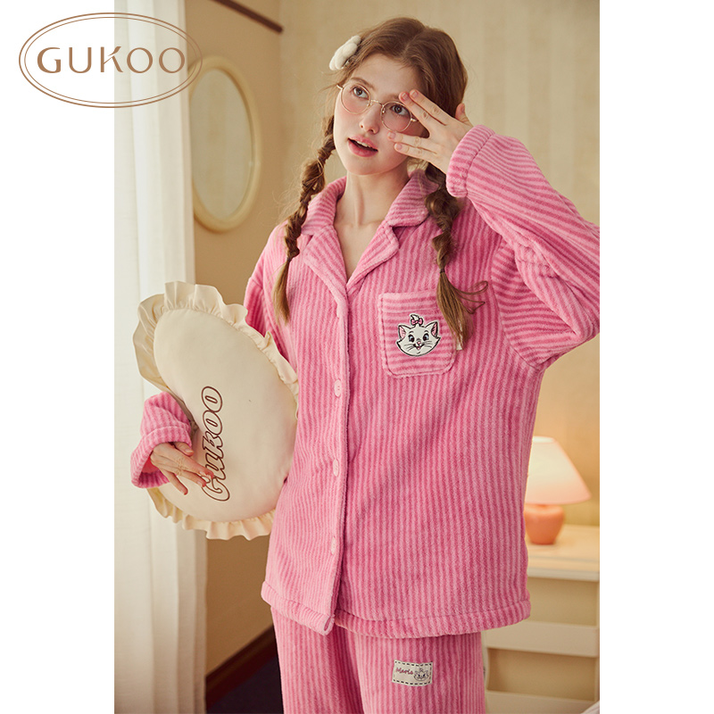 【Gukoo果壳】玛丽猫联名睡衣女士加绒粉色条纹舒适亲肤家居服套装