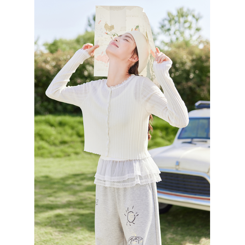 紫涵短款圆领针织开衫女2025秋季新款蕾丝花边毛衣外套Z5Z06AS155