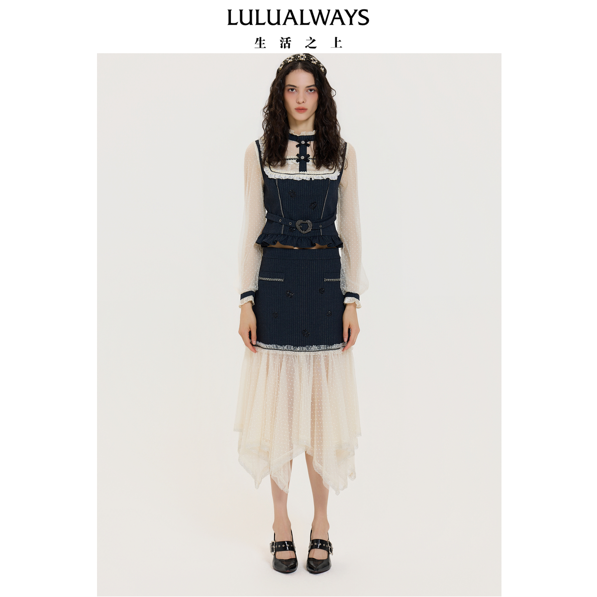 LULUALWAYS【商场同款】25秋季新款法式风优雅风浪漫网纱拼接上衣