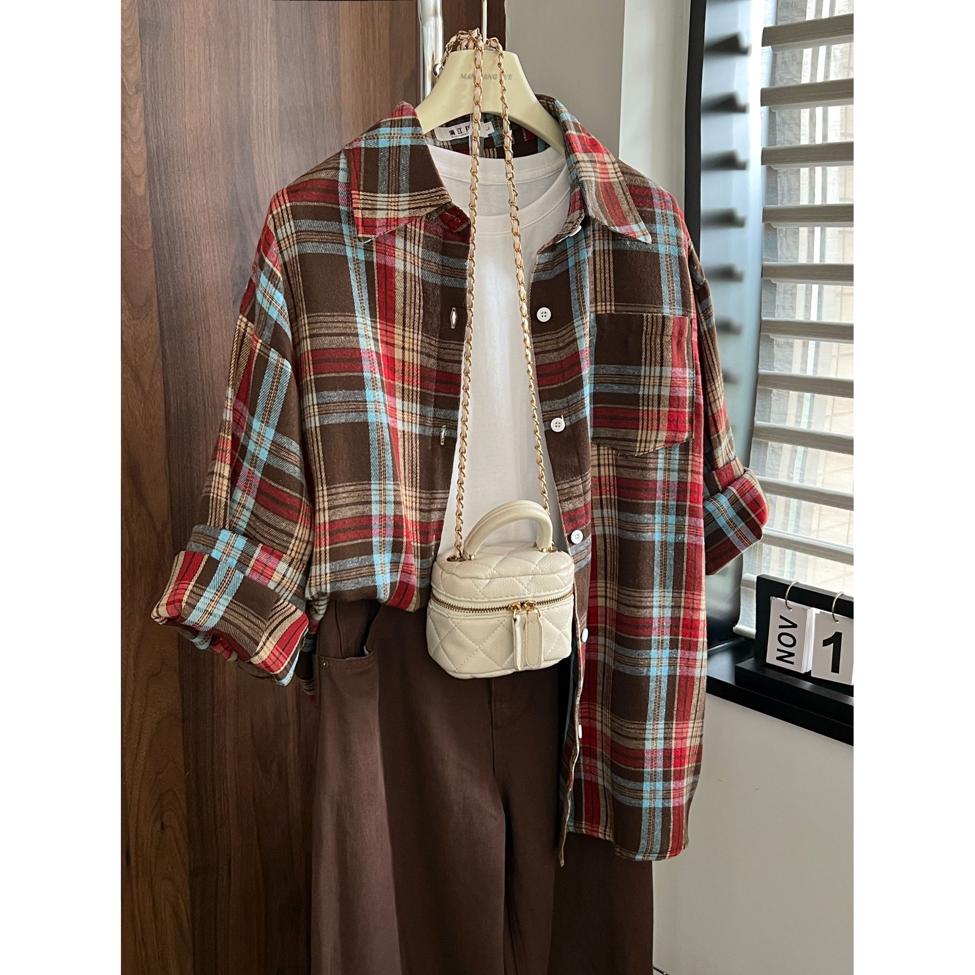 彩虹格子长袖衬衫女款2025新款小众设计感外套韩系氛围感早秋上衣