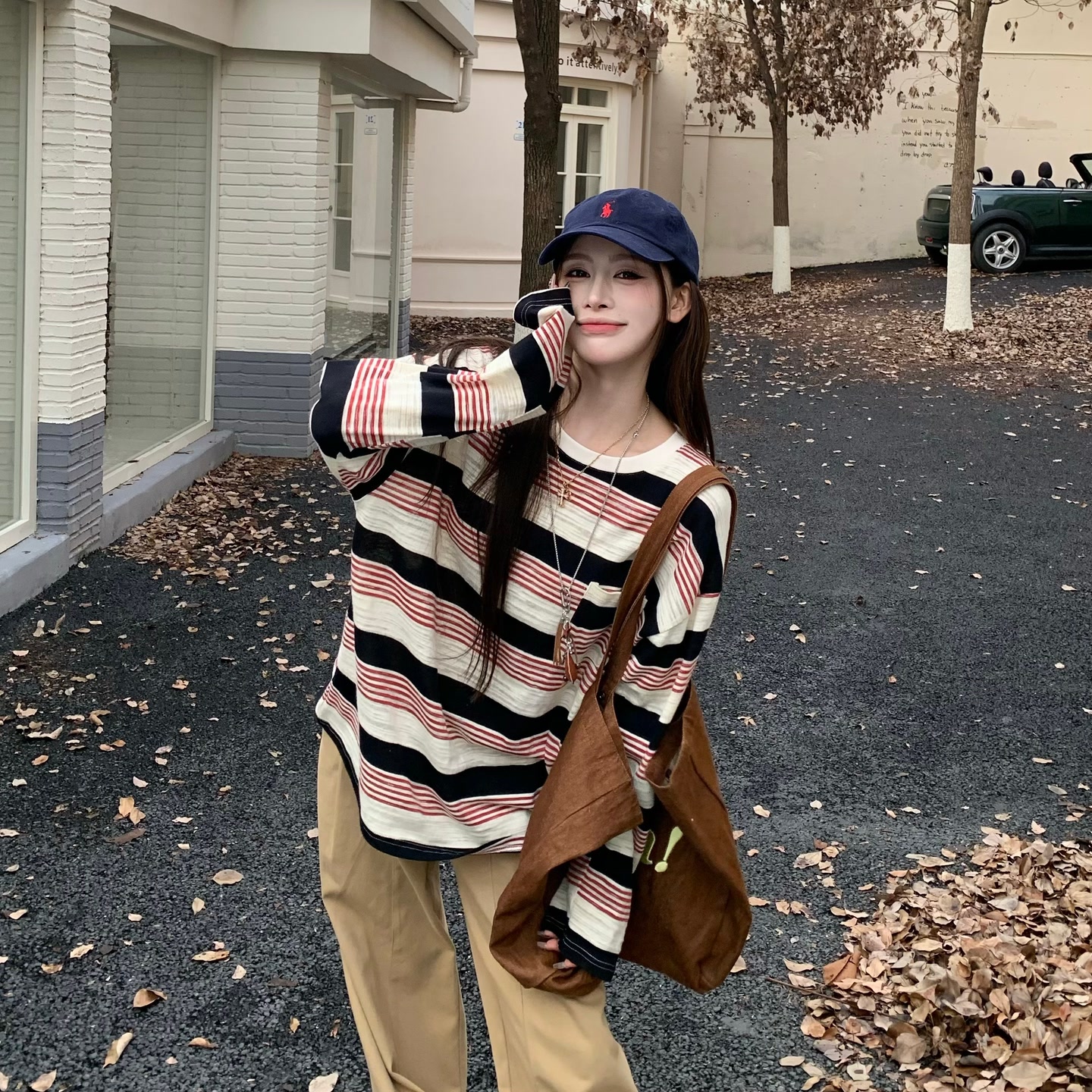 3MER miu系条纹长袖T恤女秋季新款宽松韩系慵懒松弛感上衣