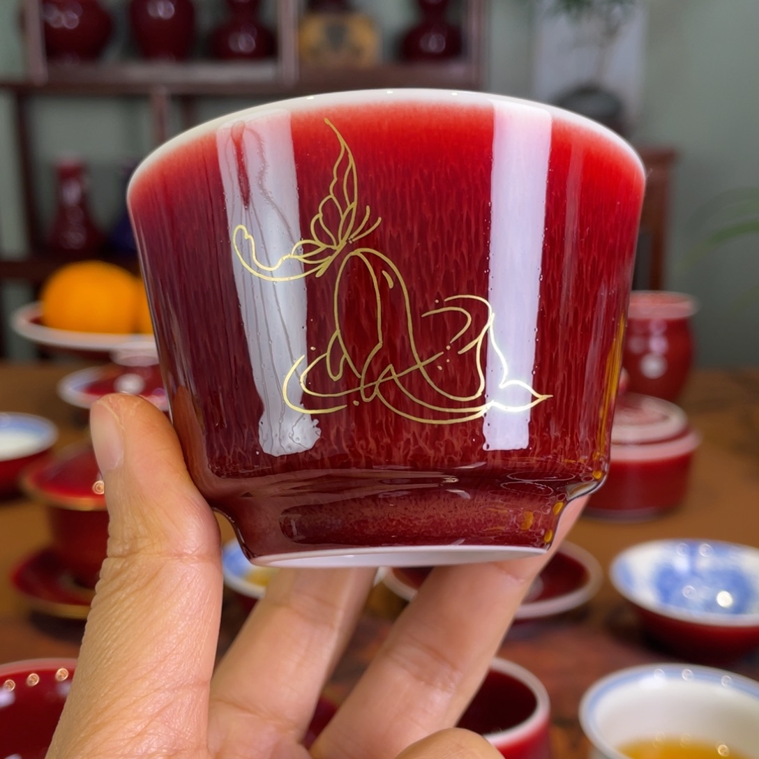 清欢雅玩原矿郎红描金直升杯