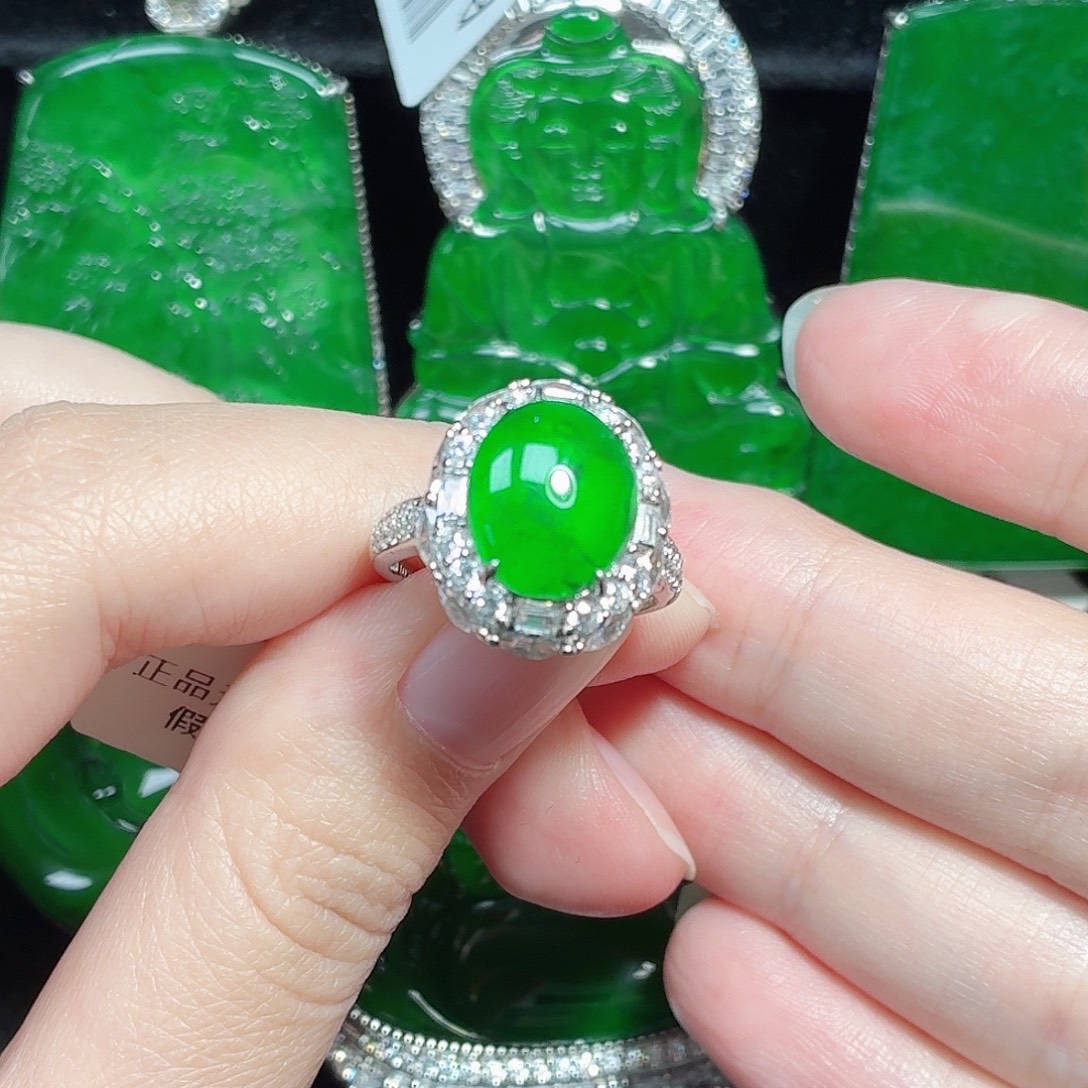 翡翠银S925镶嵌戒指天然A货翡翠