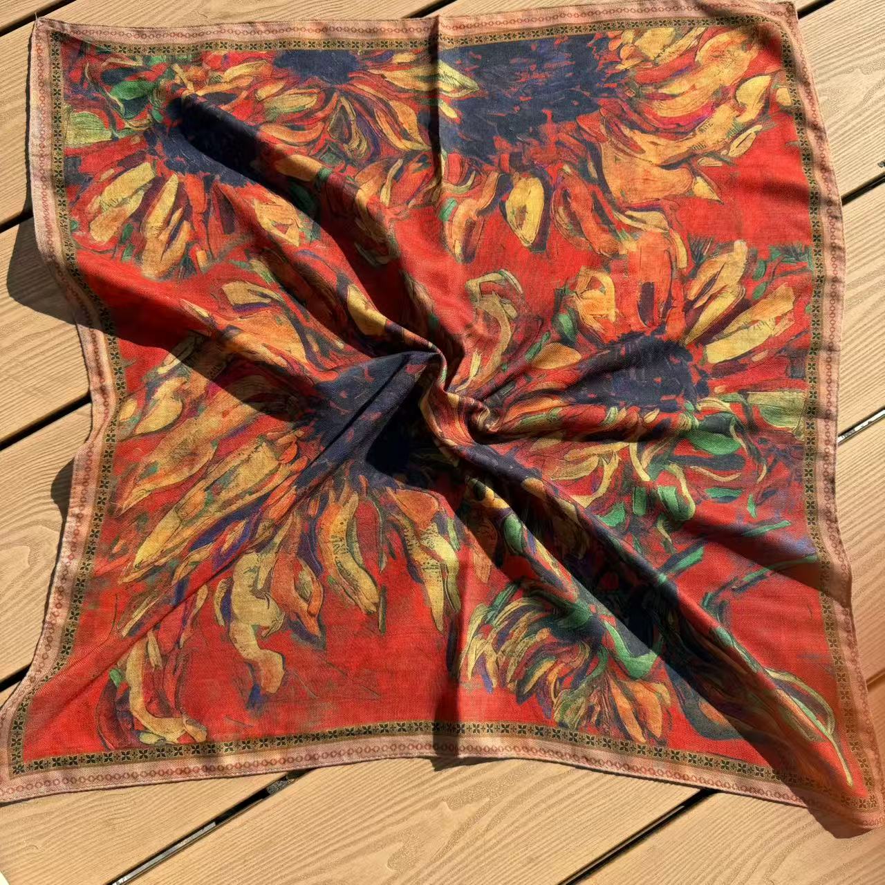 【油画】68*68复古棉质精卷边2025秋冬季新款方巾围巾