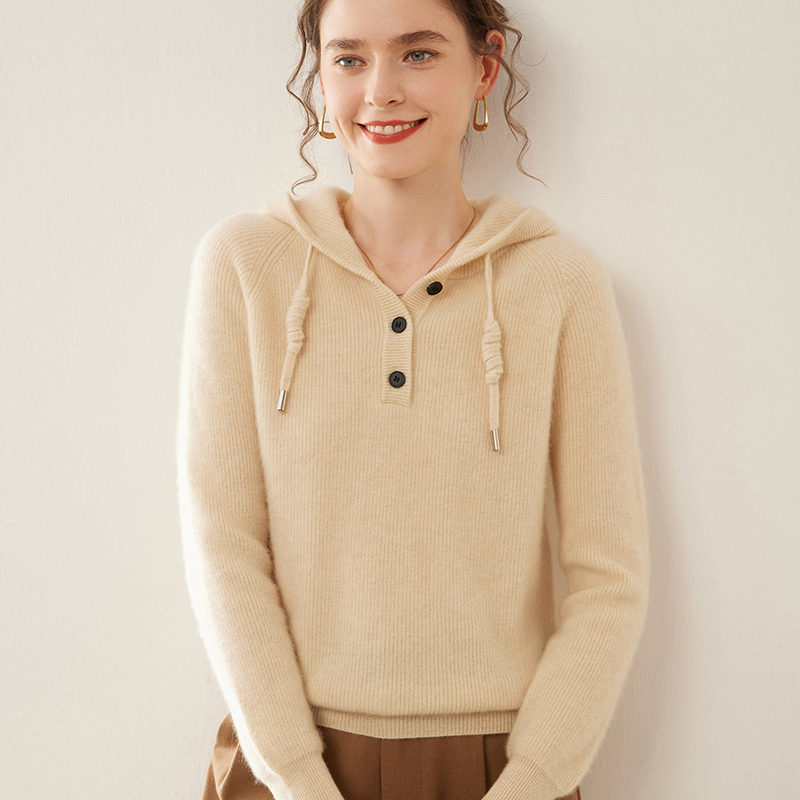 品牌秋冬新款三扣元宝针抽绳连帽羊绒衫韩系亲肤软糯保暖加厚卫衣