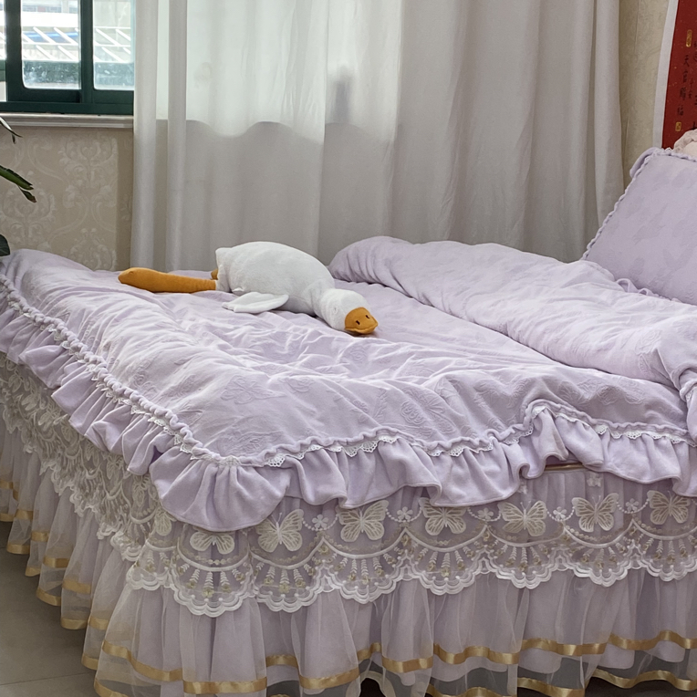 【新款】加绒韩版雕花牛奶绒床盖床罩被套床品绒被加厚可拆卸四件套