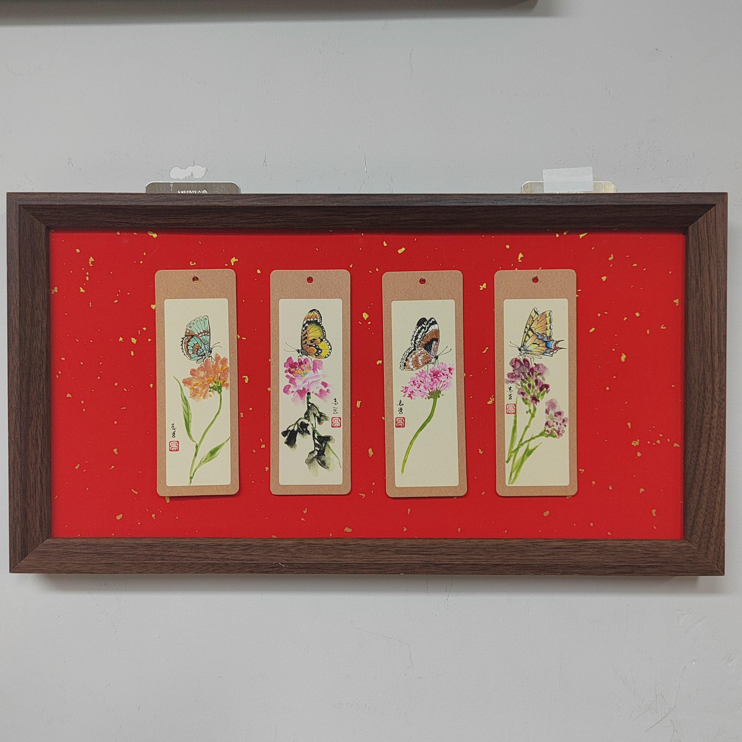 微观手绘花鸟国画四联带实木框定制