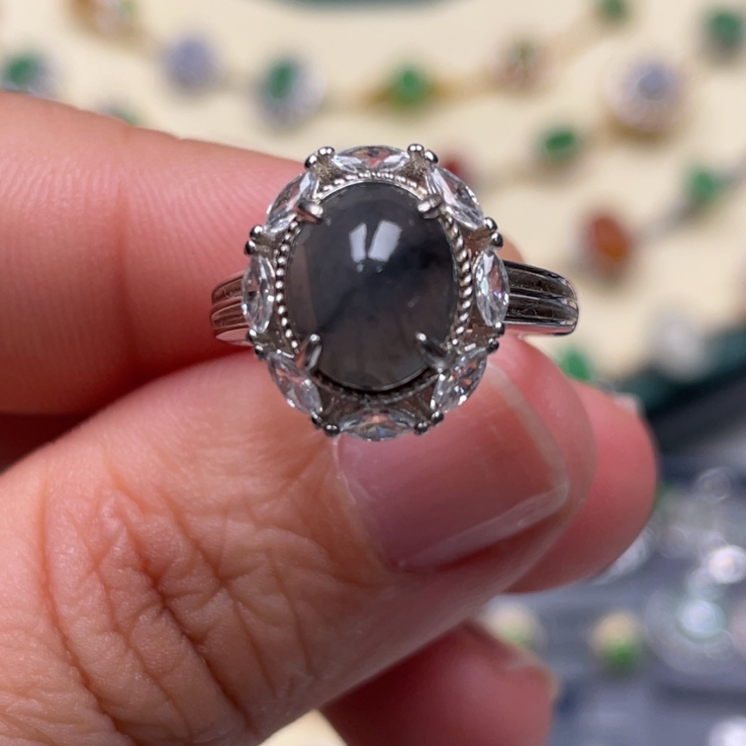 翡翠戒指银S925镶嵌纯天然缅甸翡翠