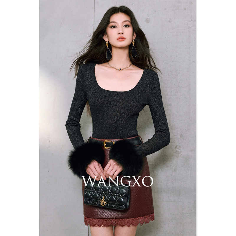 WANGXO 真狐狸毛袖羊毛针织上衣2551153W