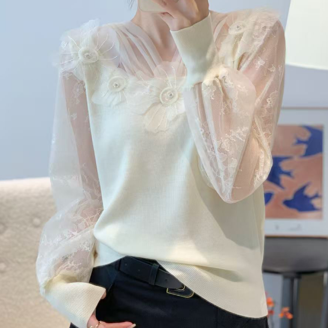 网纱拼接蕾丝镂空钉珠针织衫女春秋设计感修身显瘦薄款打底上衣