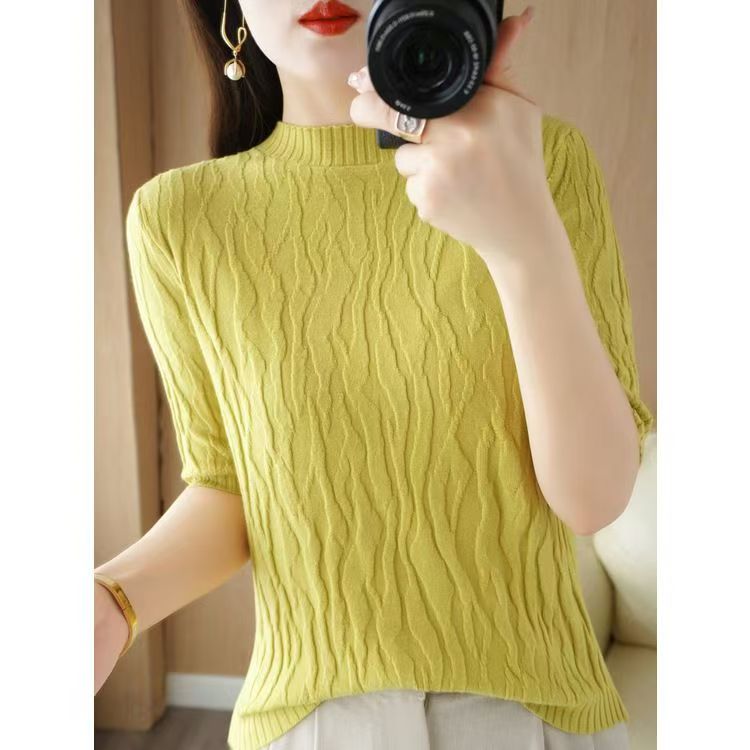 【歌梵妮】#m616新款针织薄款女半高圆领T恤百搭修身提花纯色中袖