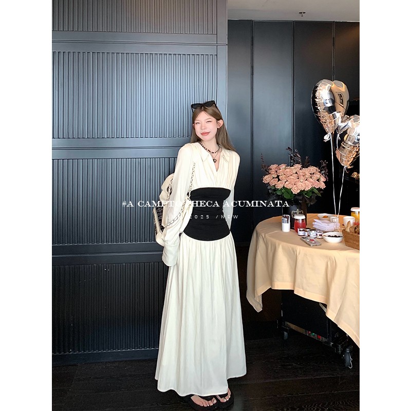 LUU桃喜儿/白色拼接长袖连衣裙女秋冬针织a字长裙设计感小众裙子