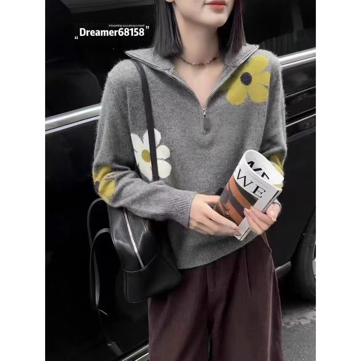 冬季新款花朵提花针织衫立领宽松上衣601款mm