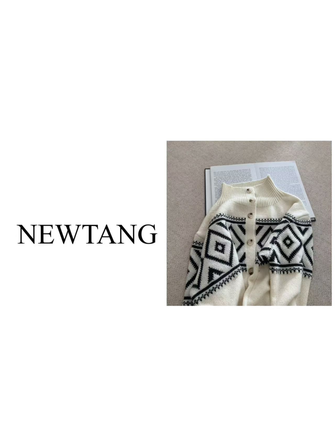 【暮色织影】1182 设计感时尚立领提花针织开衫上衣 米色