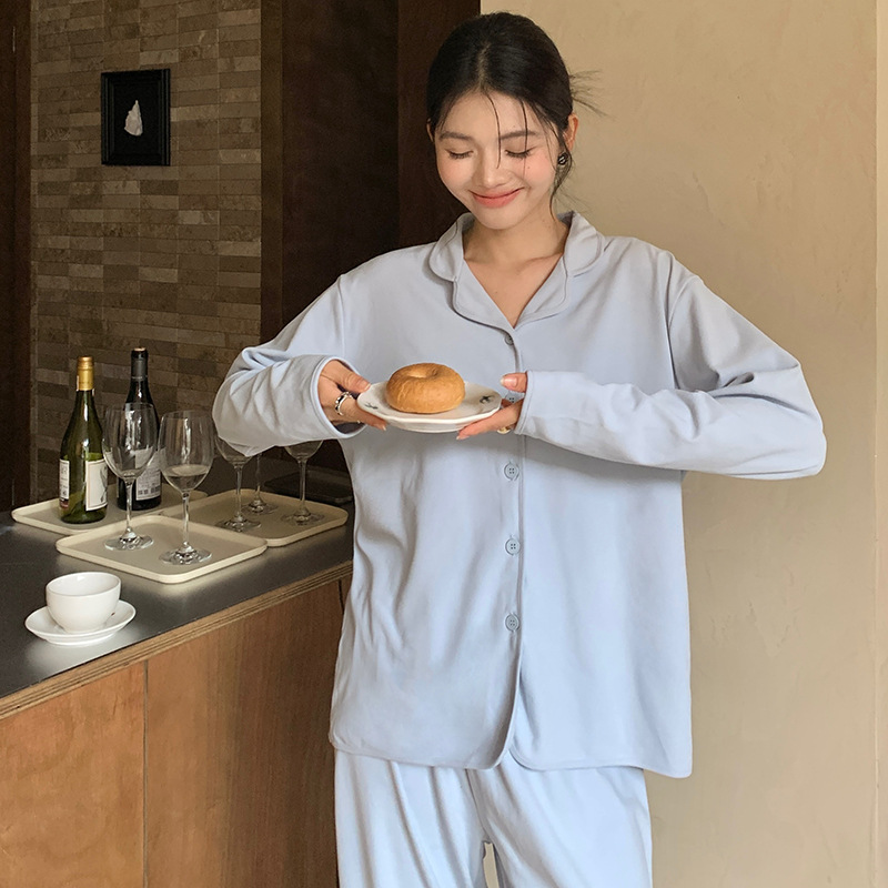 森岛秋冬纯色女士家居服纽扣翻领长袖上衣长裤套装宽松外穿睡衣