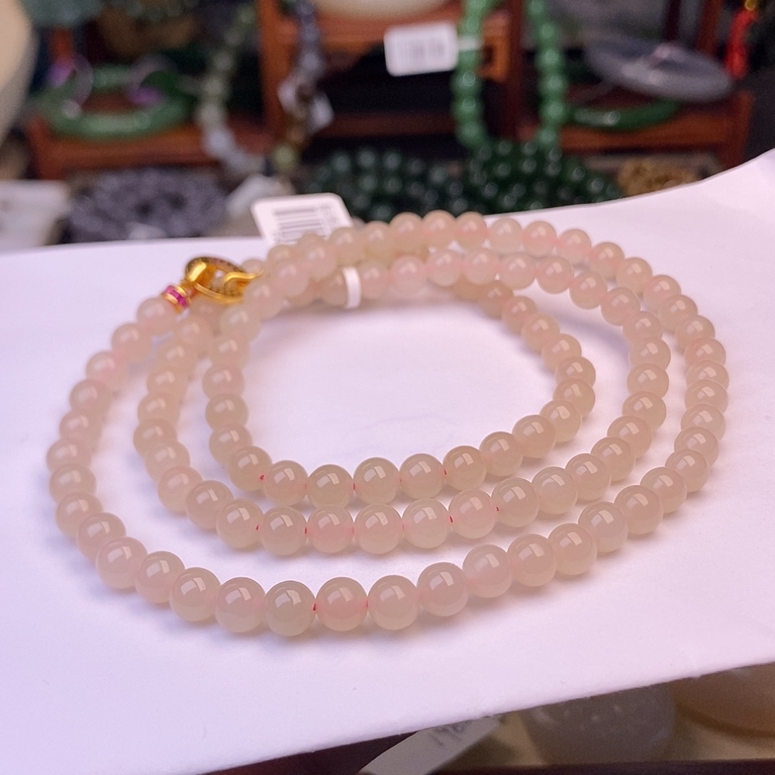 和田玉清货价熟藕粉脂膏珠串6mm未镶嵌