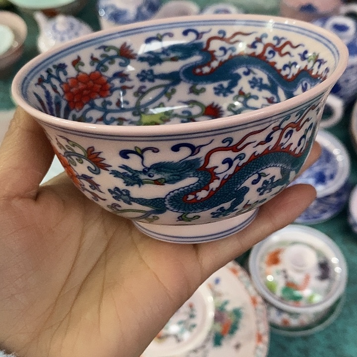摆件陶4.5寸斗彩龙凤内外满工碗