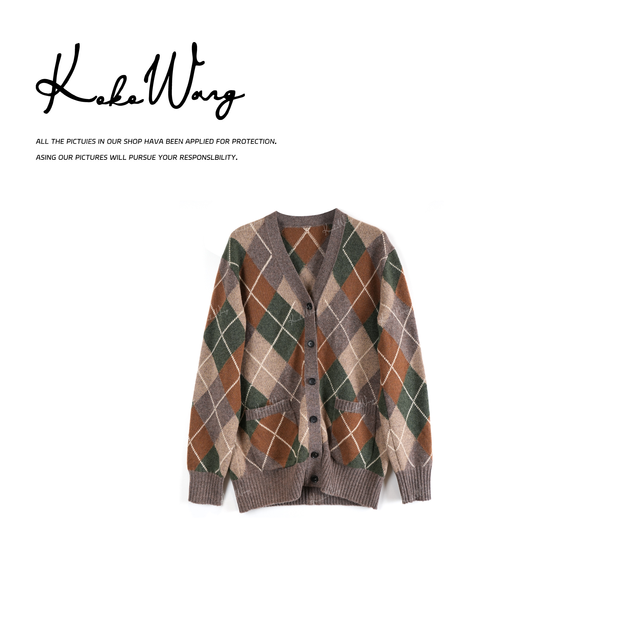 KOKOWANG秋冬慵懒风431克重羊绒羊毛混纺菱格针织开衫X4835K21Z47