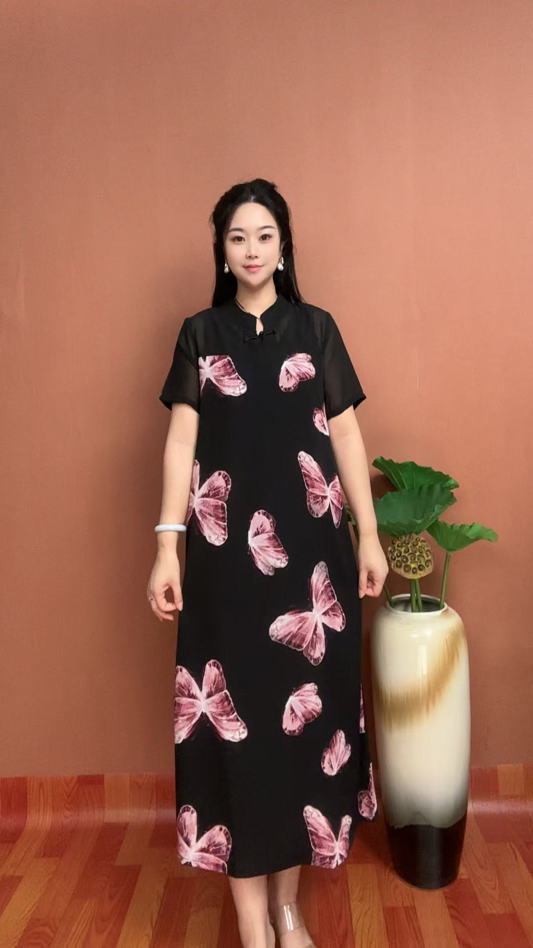 5(黑蝴蝶花）夏季简约立领时尚显瘦气质女装宽松中长款连衣裙