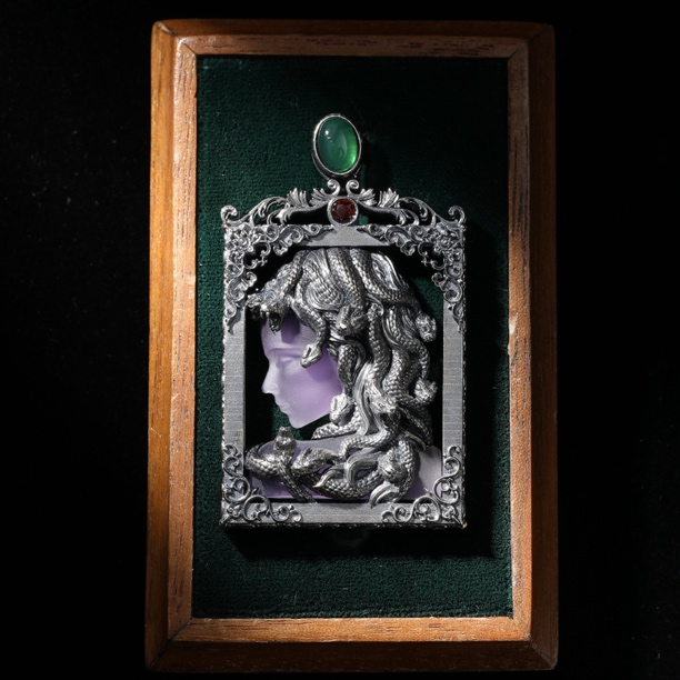 坠链均925银 画框美杜莎吊坠项链925纯银