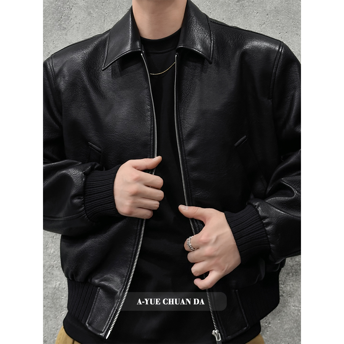 AYUE秋季新款潮流美式复古廓形翻领百搭机车皮衣秋冬休闲夹克外套