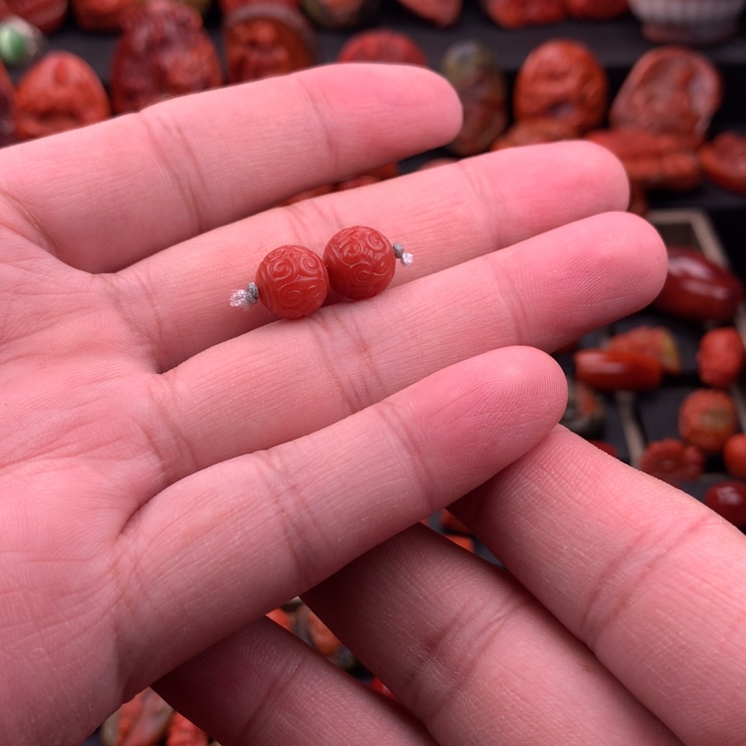 南红玛瑙南红川料回纹圆珠对珠9.8mm未镶嵌