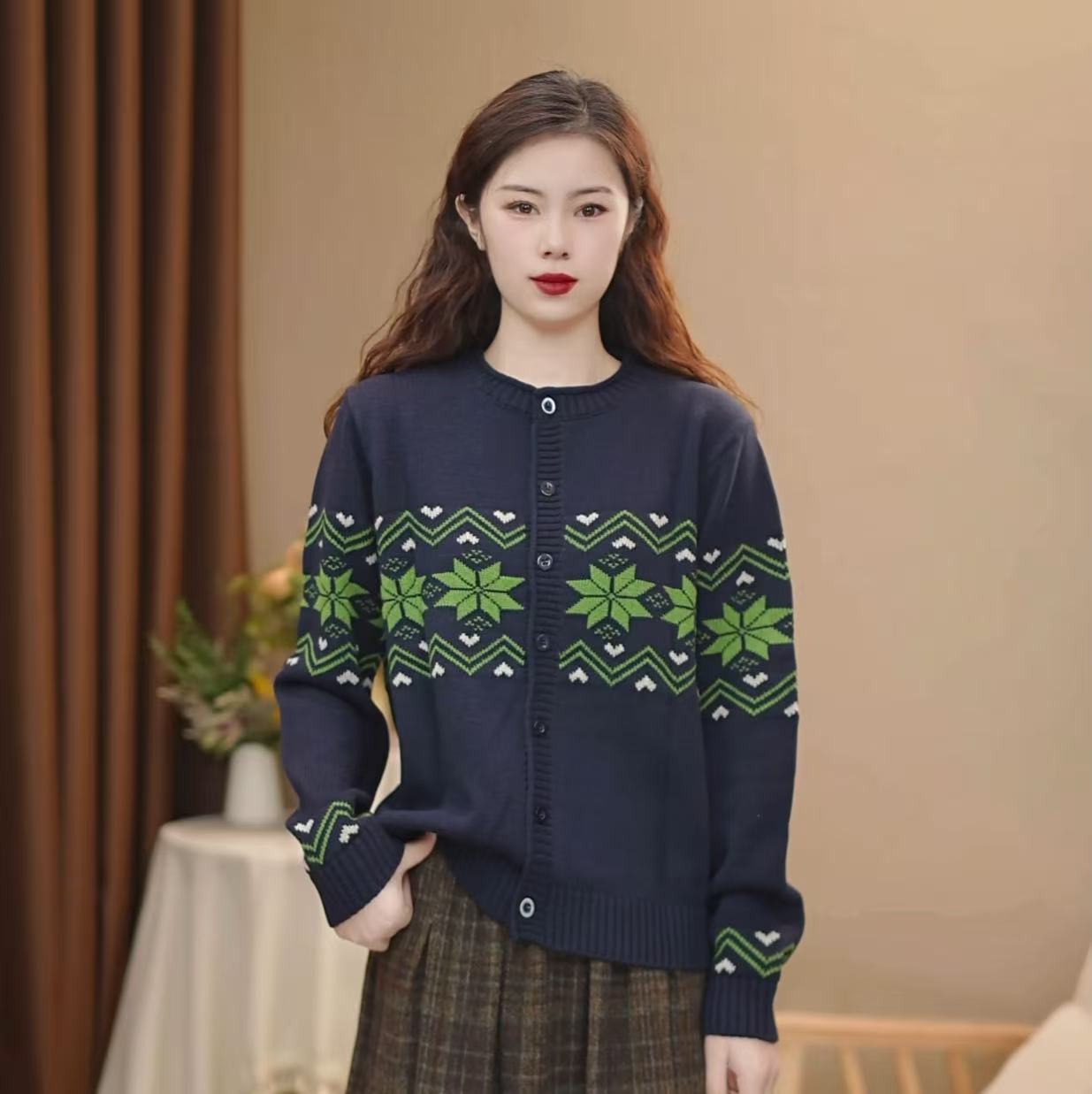 M-030针织开衫圆领针织衫休闲百搭圆领慵懒风提花钩花时尚长袖