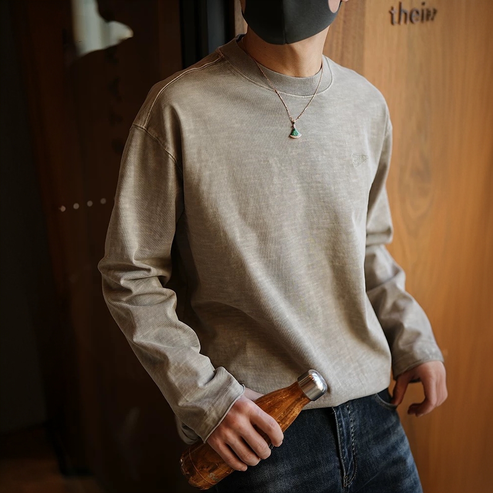 港风休闲字母刺绣简约百搭长袖T恤男春季时尚潮牌情侣款圆领上衣