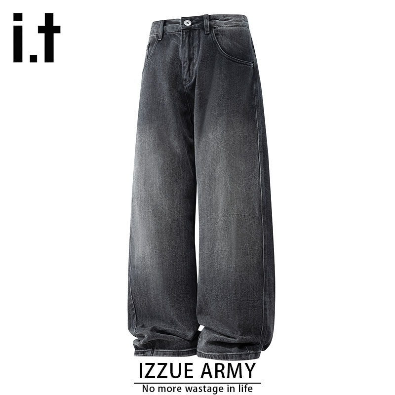 izzue正品秋季牛仔裤男复古做旧宽松直筒阔腿美式休闲弯刀牛仔裤