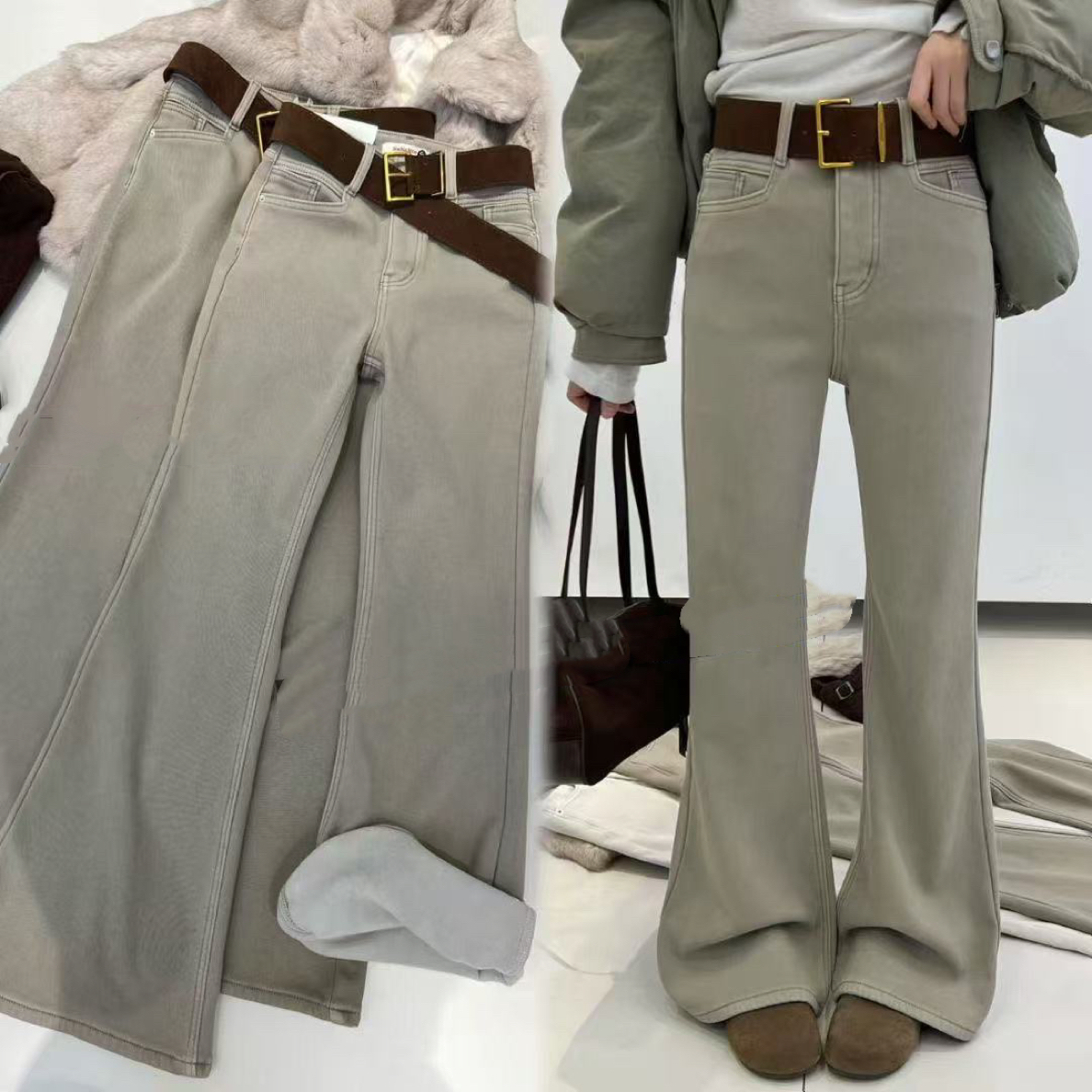 冬季百搭加绒加厚高腰显瘦微喇牛仔裤喇叭裤配腰带