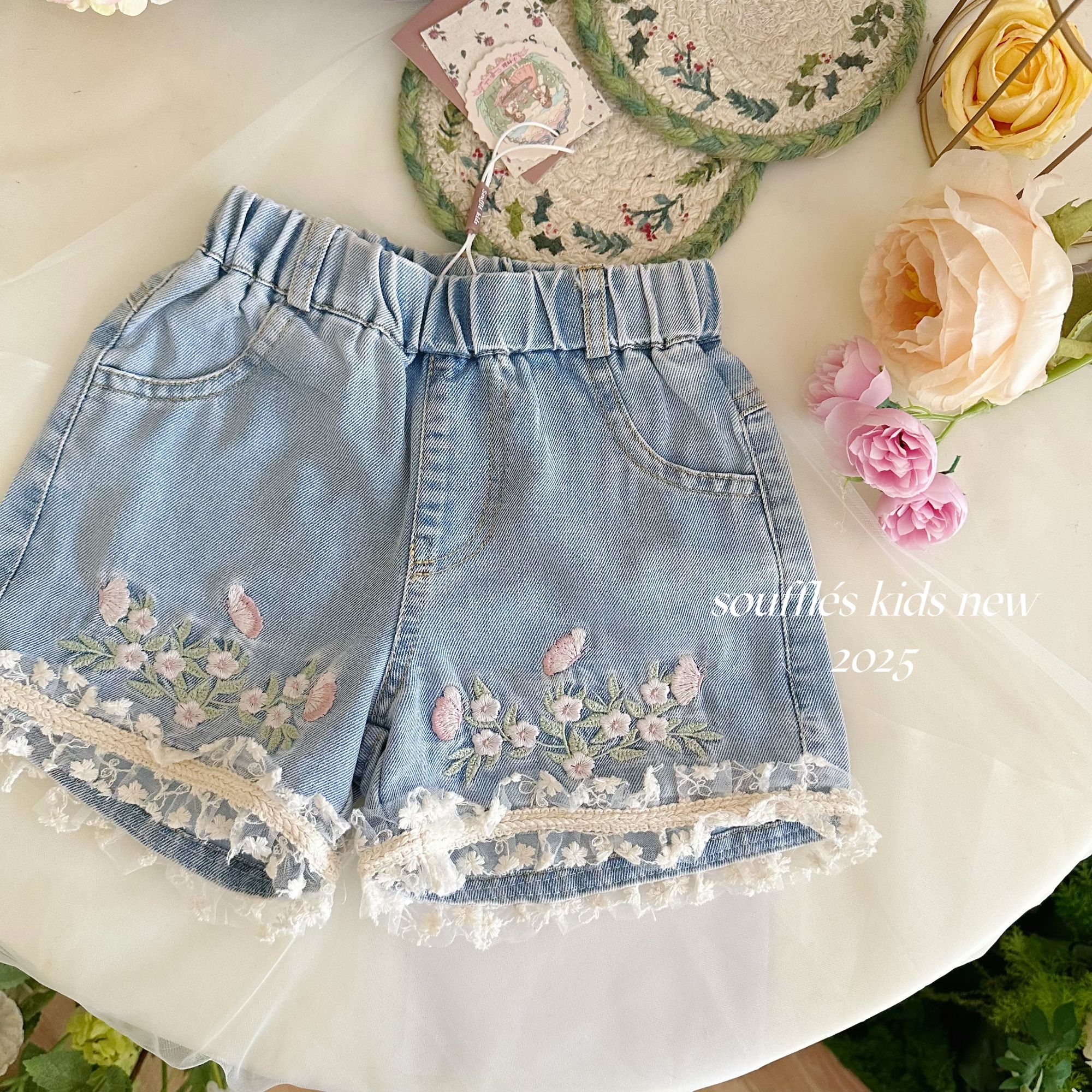 【糯米】原创定制新款春夏季女童多色花边刺绣休闲牛仔裤TS038