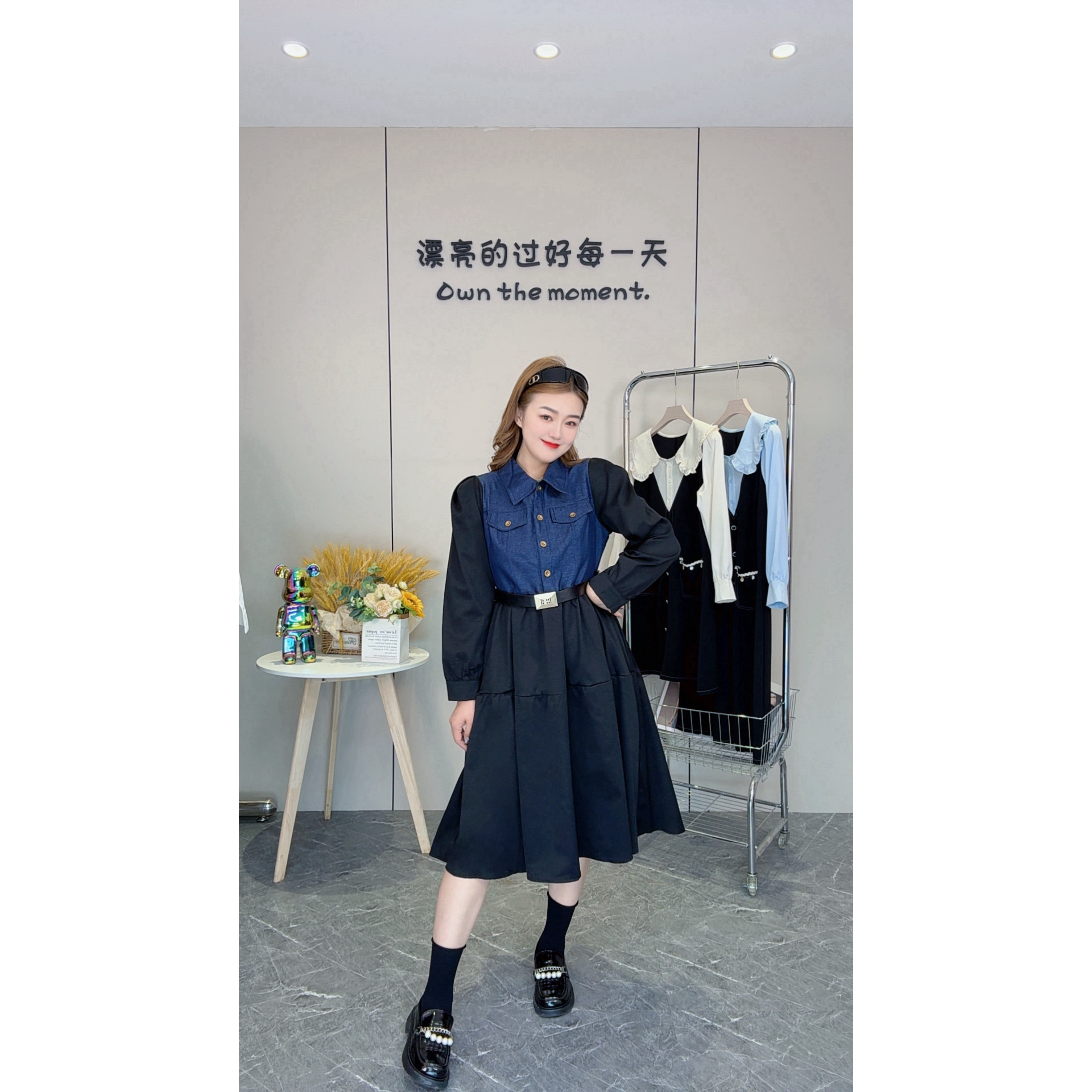 2025秋季新款法式复古拼接连衣裙女胖mm休闲假两件设计感长裙5900