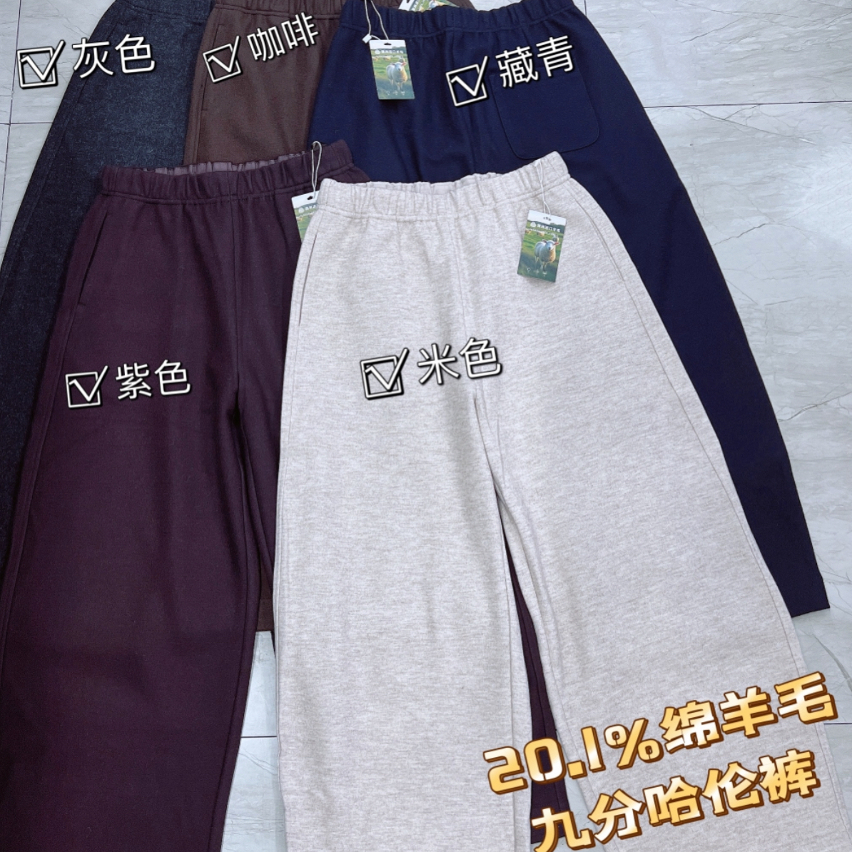 毛呢九分哈伦裤新款时尚松紧腰宽松显瘦百搭绵羊毛