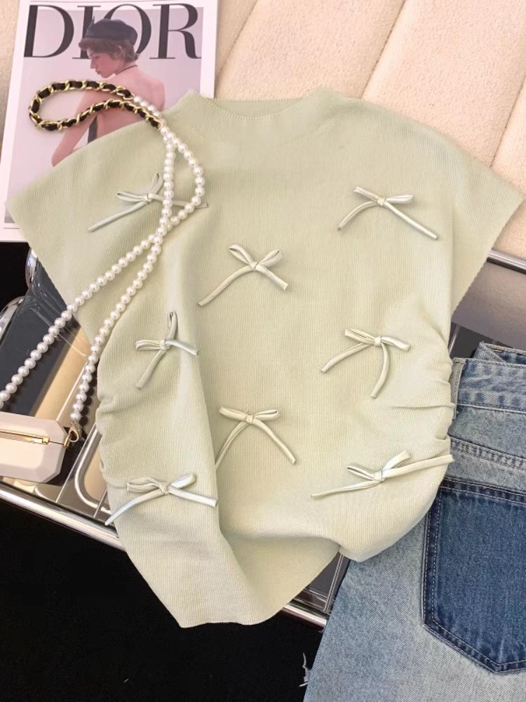 温柔风粉色蝴蝶结短袖针织衫女夏季设计感褶皱修身小飞袖