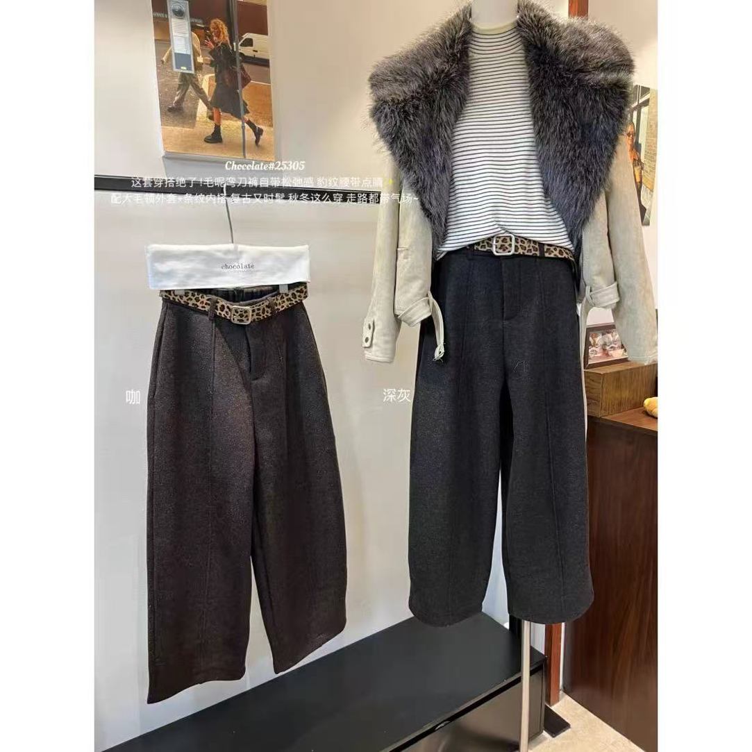 松弛感豹纹腰带毛呢弯刀休闲裤时髦洋气